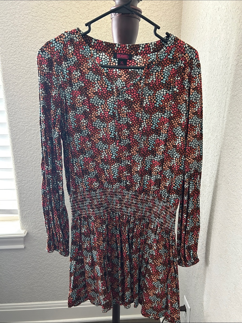 Floral Smocked-Waist Long Sleeve Dress - Red/Mint